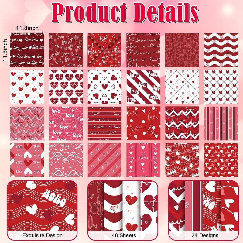 EggSun 48Pcs Heart Pink Scrapbook Paper Pad, 12x12 Inch Colorful Love Decorative Craft Paper for Junk Journal Supplies, DIY Cards, and Photo Albums, Aesthetic Craft Supplies for Kids and Adults - Image 4